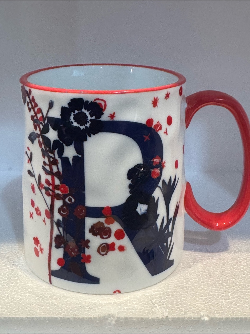 Artisan strawberry street Letter R Floral Ceramic Mug rippled sides nice